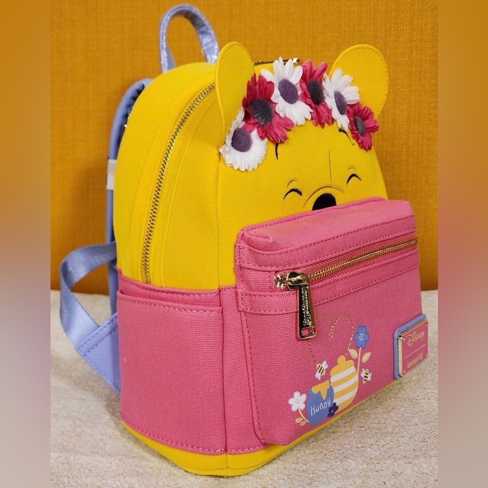 Disney Loungefly Winnie the Pooh Flower Crown Pink Flocked Mini Backpack, NWT. - Picture 2 of 9